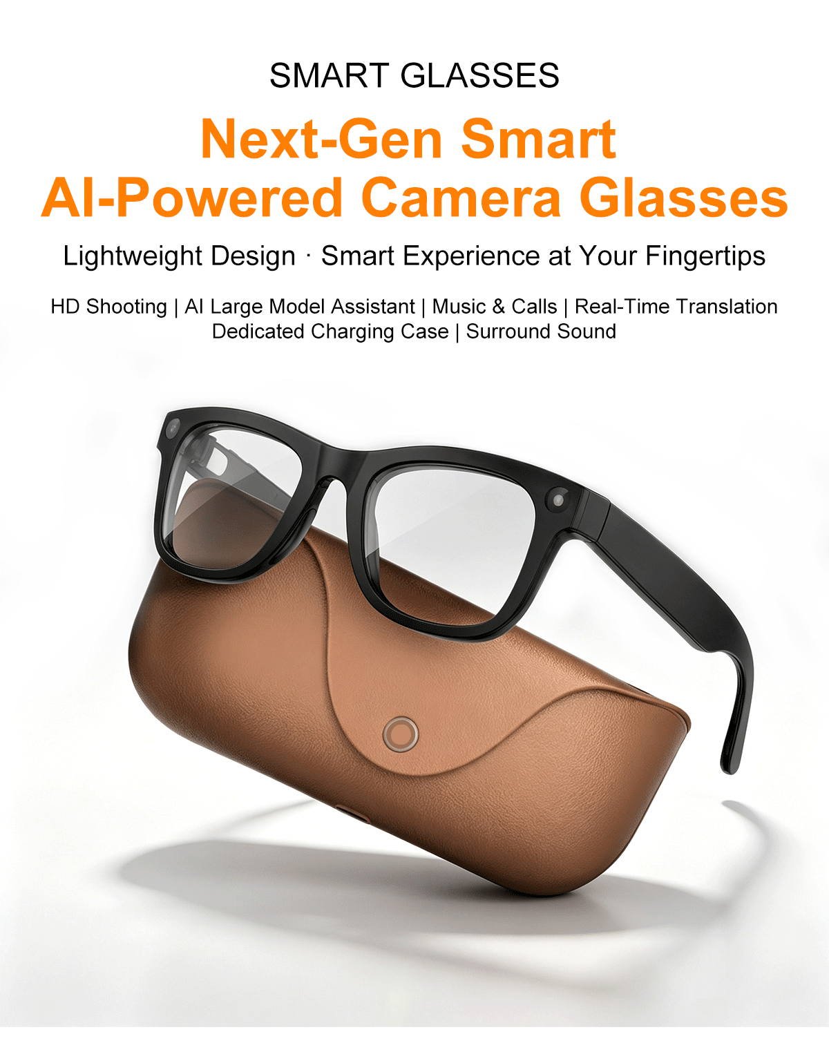 AI Glasses-Camera 8MP-Black Frame with transparency lens +Brown Color Charging Case - 图片 2