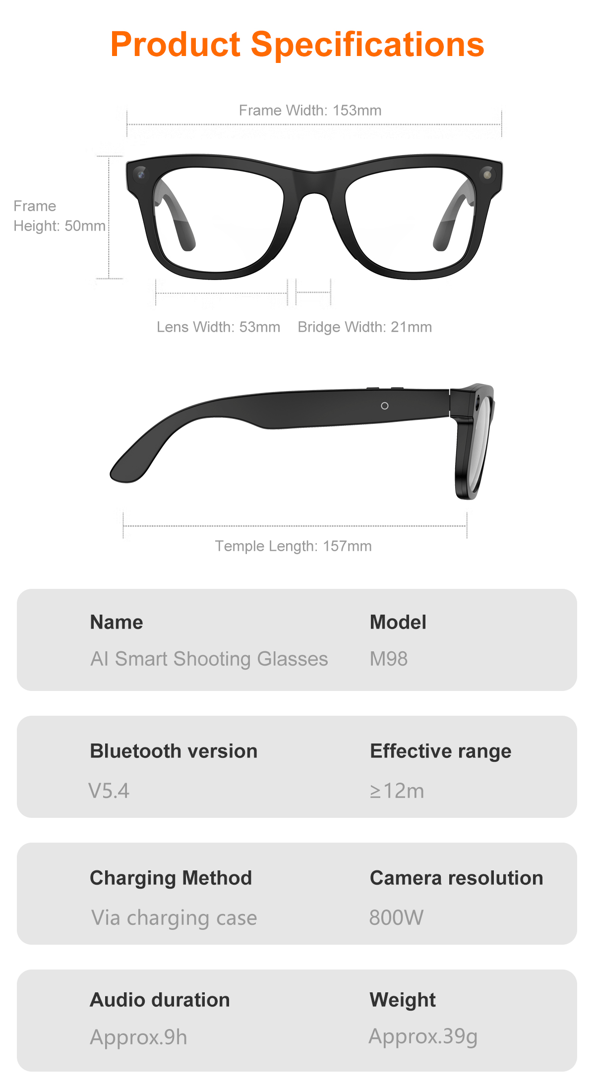 AI Glasses-Camera 8MP-Black Frame with transparency lens +Black Color Charging Case - 图片 10