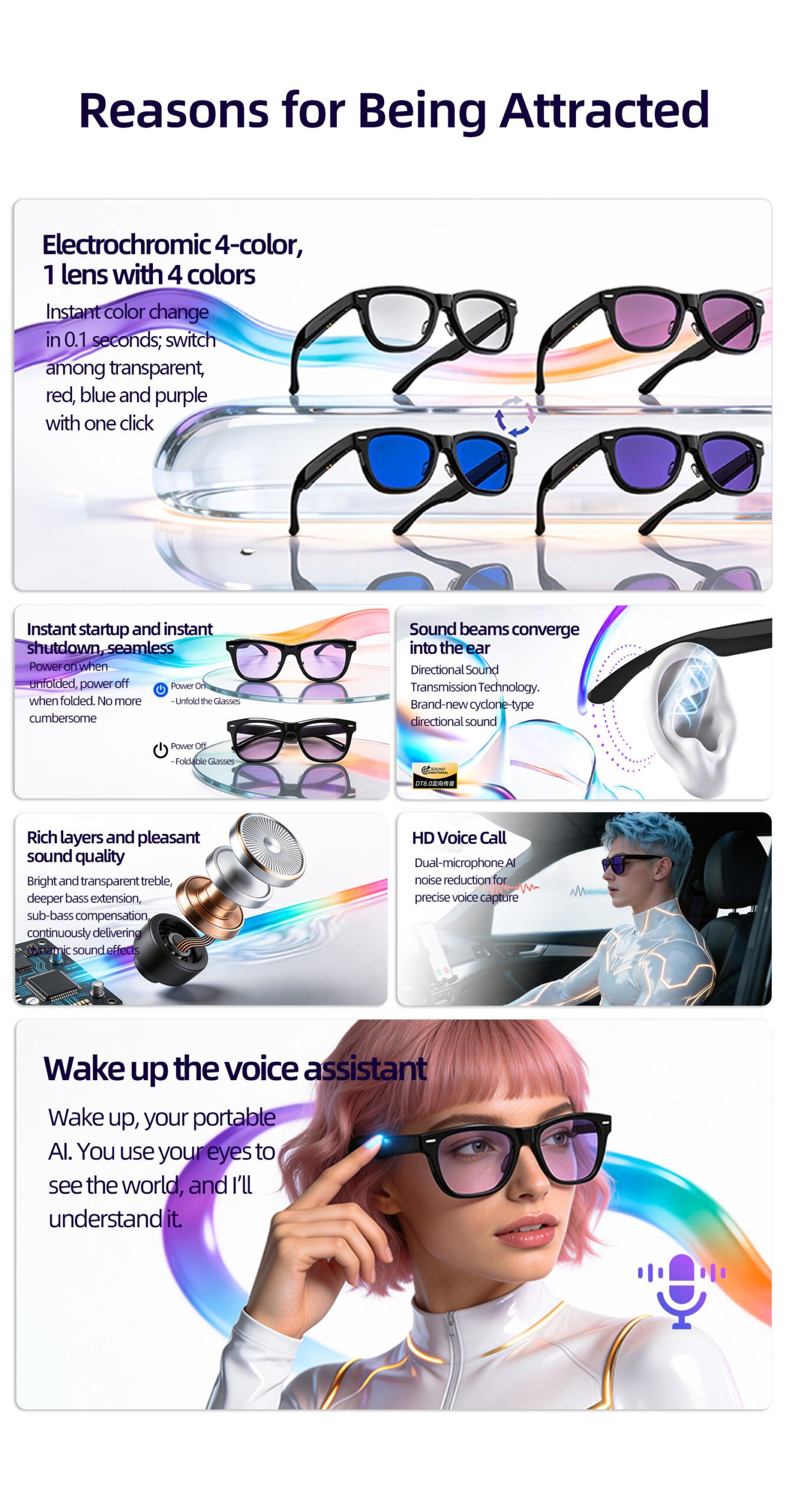Smart Glasses-Electrochromic 4-colors HD Voice Call Fastest Color Switching Audio Glasses Sunglasses - 图片 12
