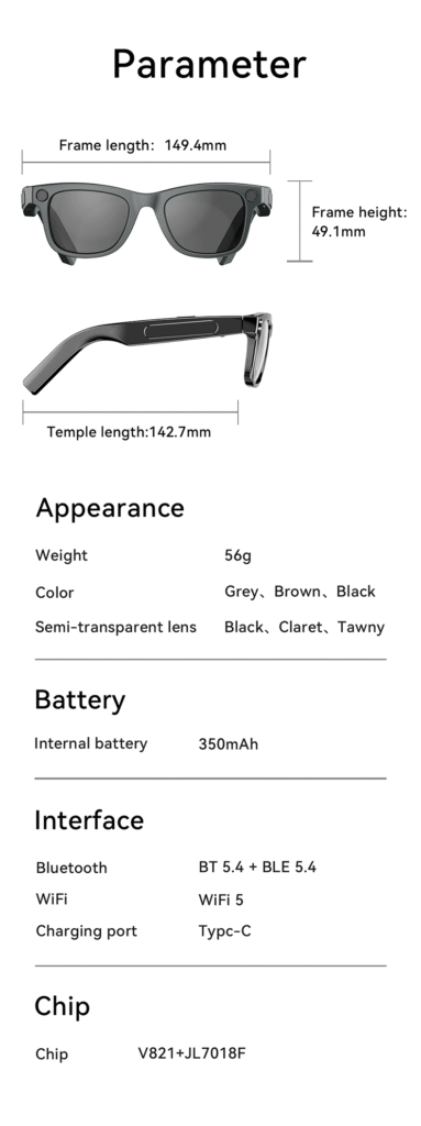 Smart AI Glasses-High Quality 2GB-Camera 8MP-410MaH Big Battery-Glossy Black Frame with Transparency Lens  AG01