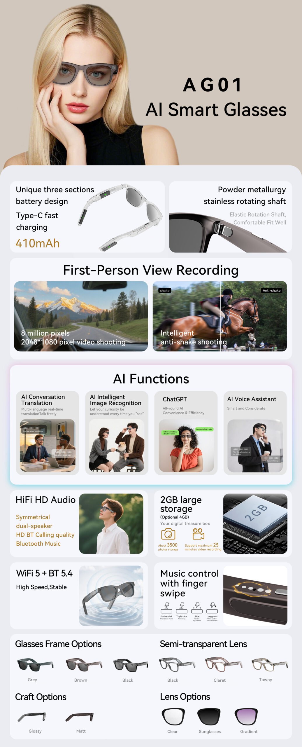AI Glasses AG01-High Quality 2GB-Camera 8MP-410MaH Battery-Glossy Black Frame with Black Lens - 图片 8