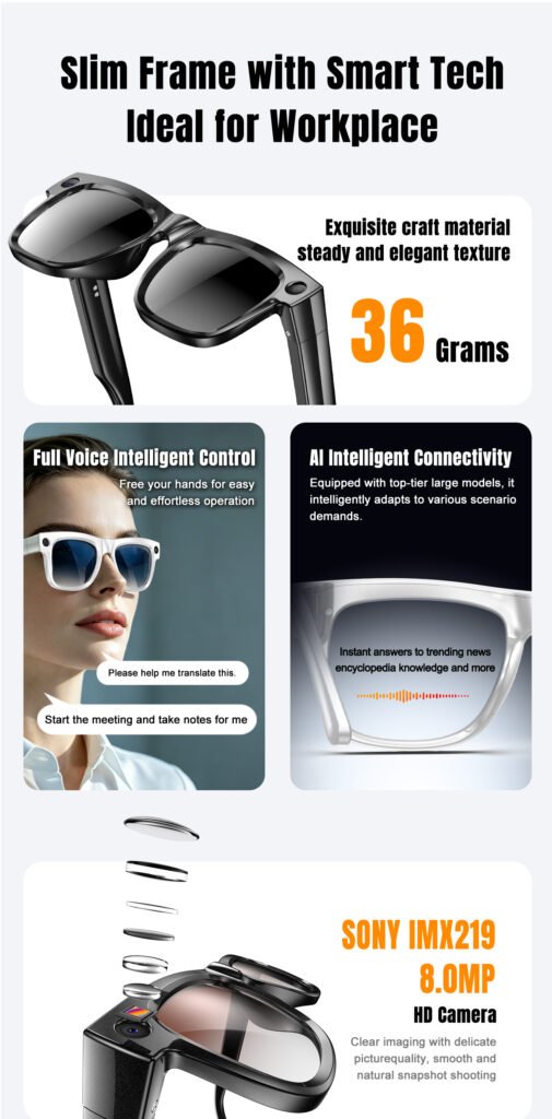 AI Smart Glasses Ultra Light 8MP Camera Photochromic Lens Sunglasses-Black Frame with Photochromic Lens Transparence turn to Gray Color