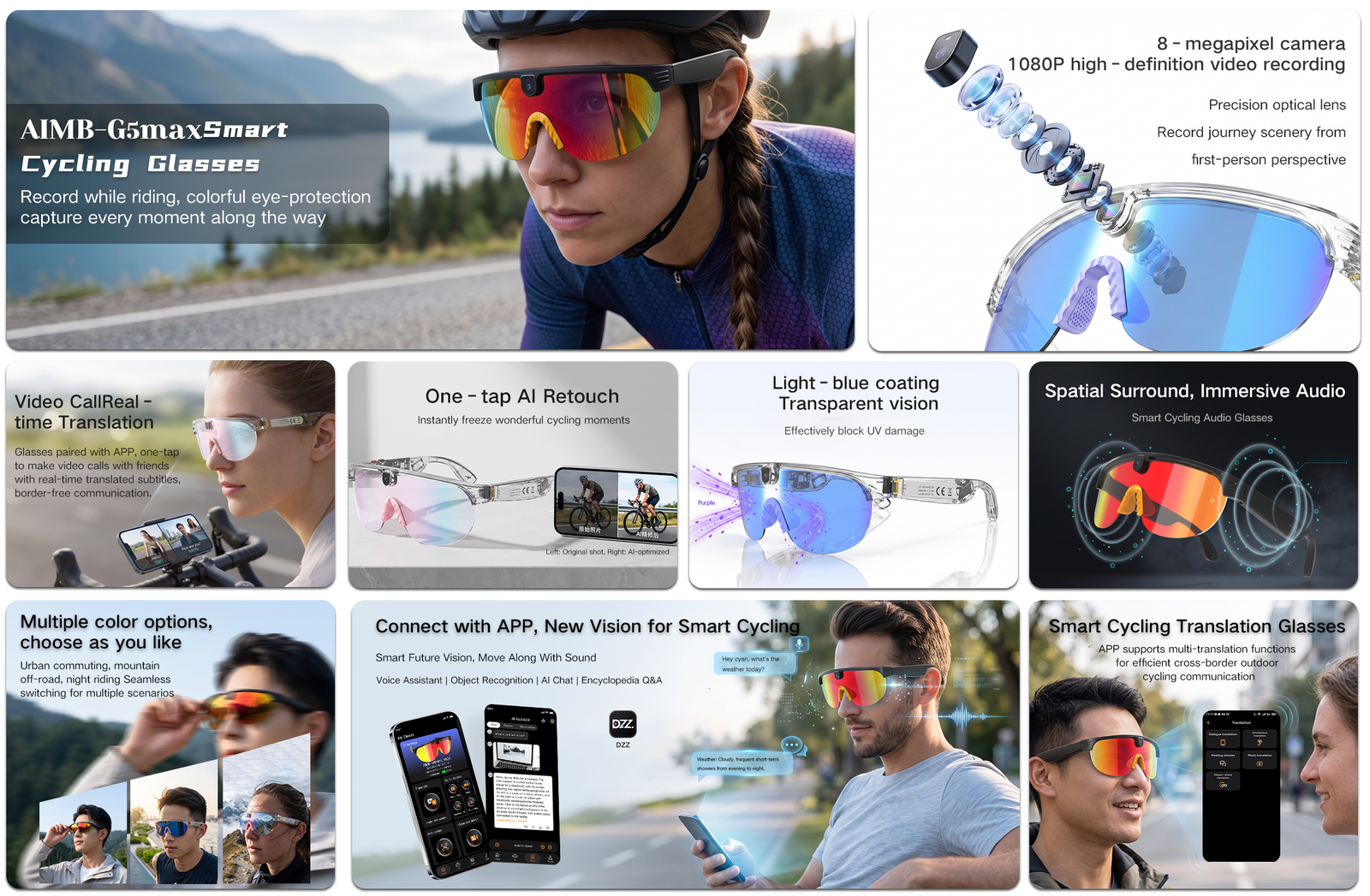 AI Smart Glasses Anti-shake 1080 HD Video Recording 8MP Camera Audio Cycling Sport Glasses Sunglasses-Orange Lens Color - 图片 9
