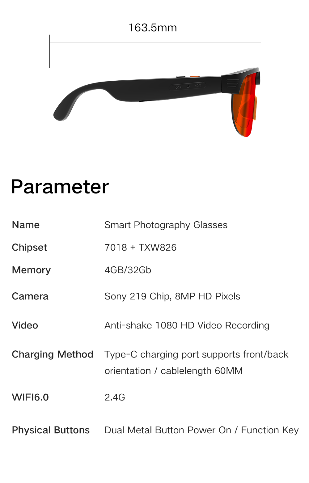 AI Smart Glasses Anti-shake 1080 HD Video Recording 8MP Camera Audio Cycling Sport Glasses Sunglasses-Orange Lens Color - 图片 10